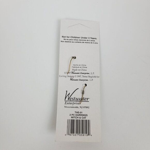 Trena's Trinkets Vintage 90s NOS Halloween Black Cat Witch Ceramic Hook Earrings - Picture 3 of 13